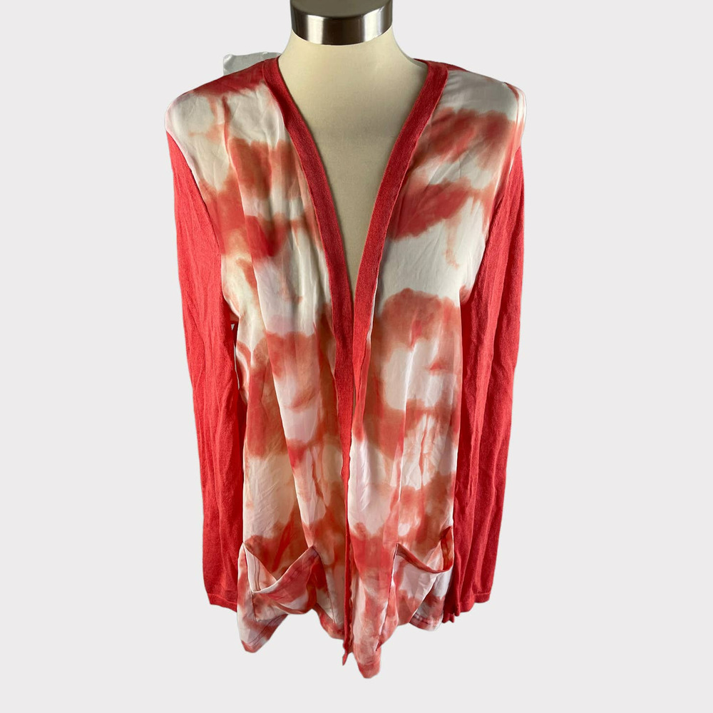 Chico's Cardigan Size 3 XL Coral White Print Open Front